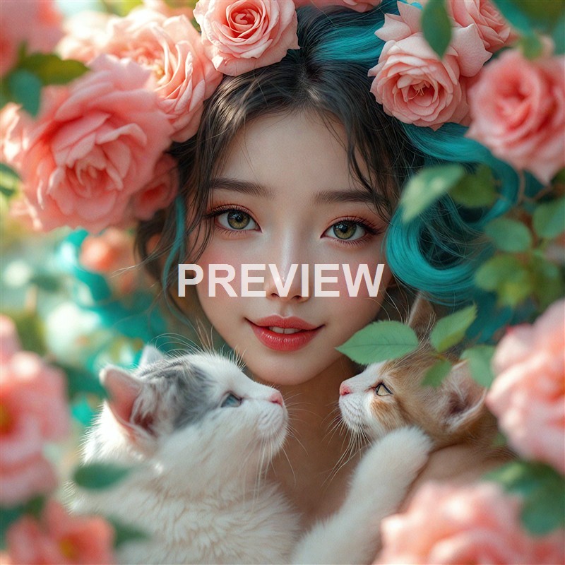 A young woman with blue-tinted hair and striking eyes is surrounded by pink roses and is holding two cats, one white with gray markings and the other orange tabby, both looking up at her.
